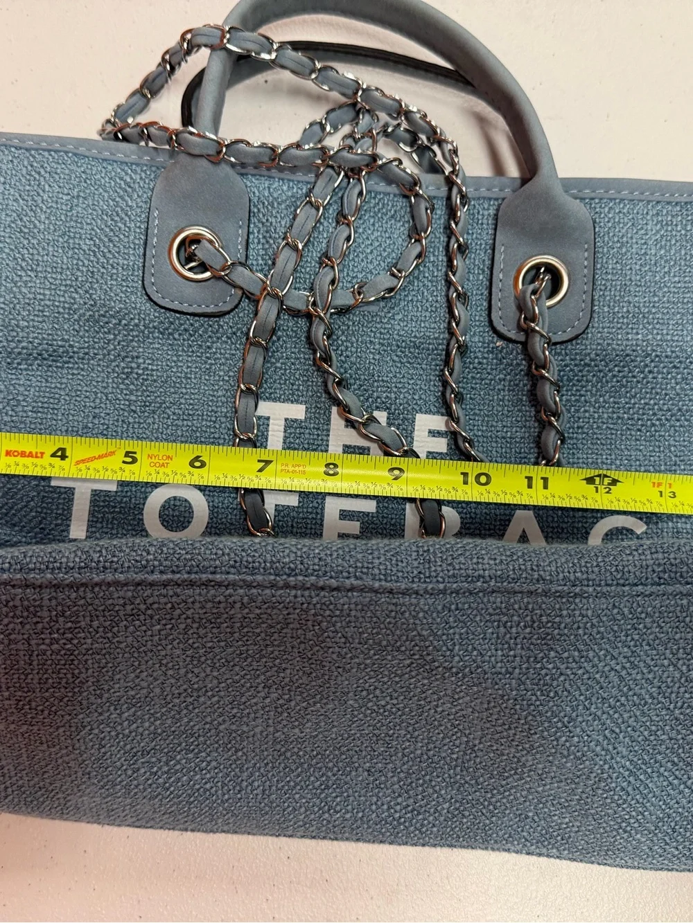 Blue “THE TOTEBAG” Large Woven Tote Shoulder Bag Chain Straps Top Handle B332